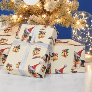 Papier Cadeau Chiens de Noël mignons avec chapeaux de Père Noël 