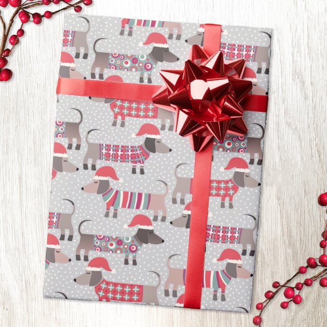 Papier Cadeau Chiens de saucisson Dachshund en Casquettes et Kni (Fun Christmas Dachshund Wiener Sausage dog pattern holiday wrapping paper.)