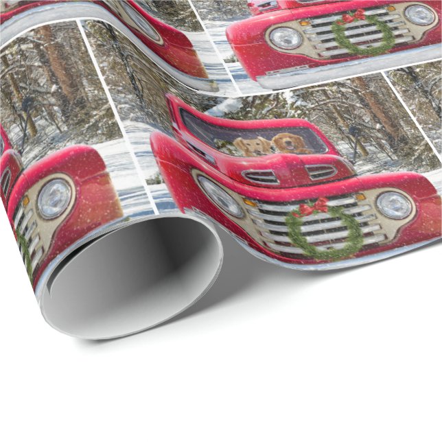 Papier Cadeau Chiens Golden Retriever en camion rétro rouge (Coin rond)
