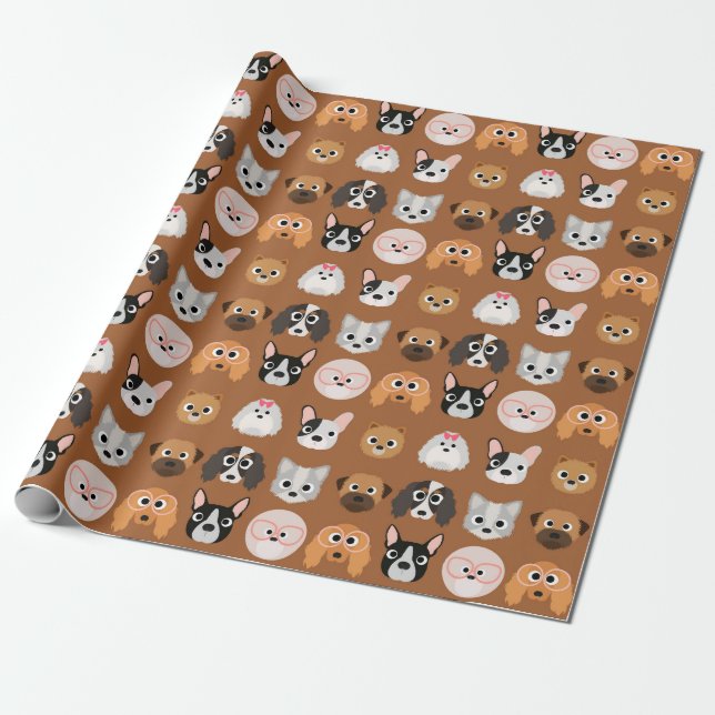 Papier Cadeau Chiens mignons sur Brown (Déroulé)