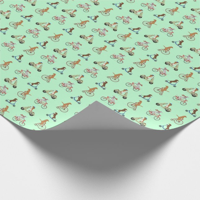 Papier Cadeau Chiens sur vélos et scooters - Vert (Coin)
