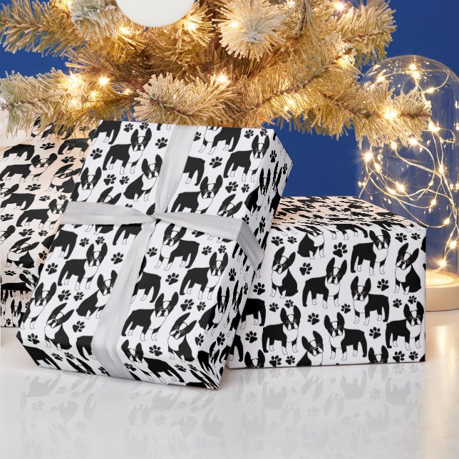 Papier Cadeau Chiens Terrier de Boston noirs et blancs (Vacances)