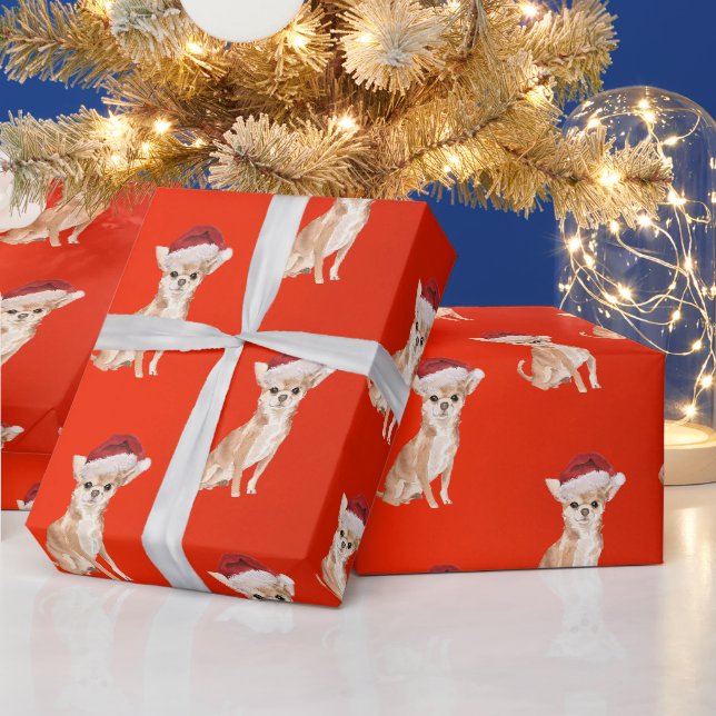 Papier Cadeau Chihuahua Chien Noël Red Santa Hat (Vacances)