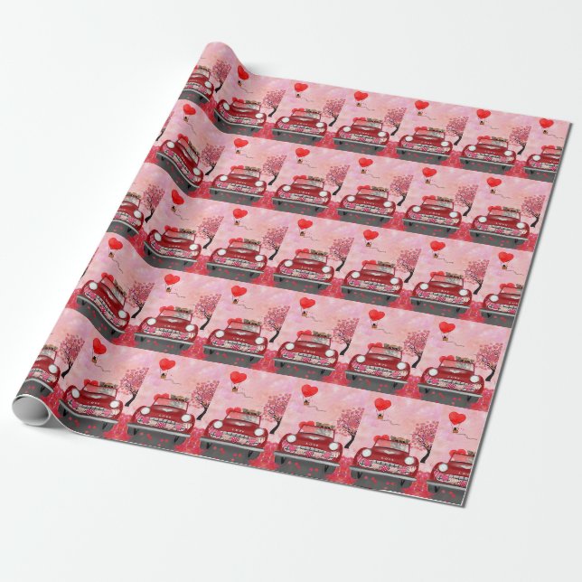 Papier Cadeau Chihuahua Chien voiture avec les coeurs Valentine' (Déroulé)