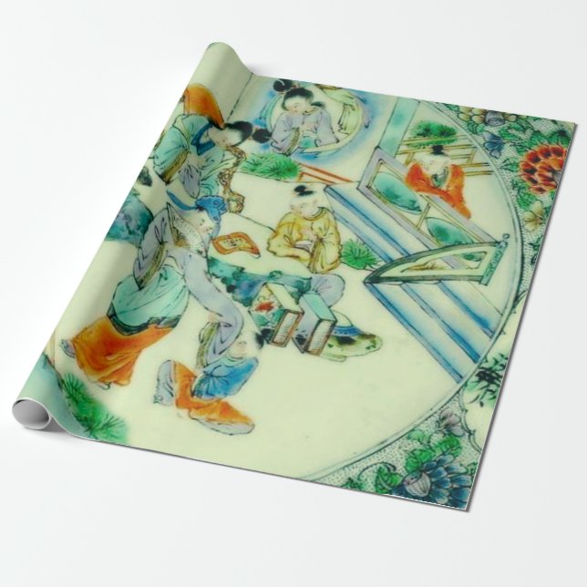 Papier Cadeau Chine antique Green Chinoiserie Floral Découpage (Déroulé)