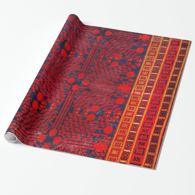 Papier Cadeau Chine Khotan rouge bleu jaune  (Déroulé)