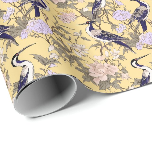 Papier Cadeau Chinoiserie Aiguille fleurie jaune (Coin rond)