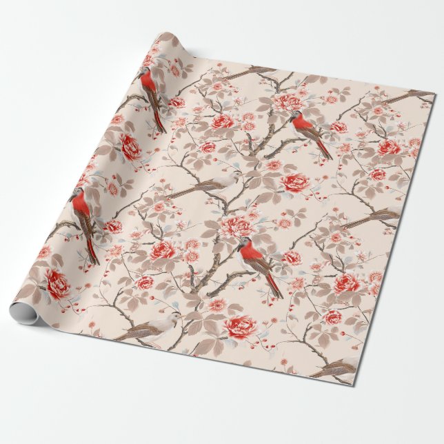 Papier Cadeau Chinoiserie Asiatique Oiseaux rouges Pink Flower D (Déroulé)