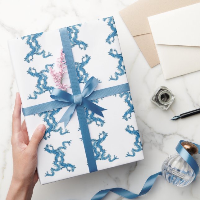 Papier Cadeau Chinoiserie Bleu Chinois Dragons Peint (Cadeaux)