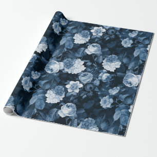 Papier Cadeau chinoiserie bleue antique Redouté rose motif