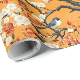 Papier Cadeau Chinoiserie de fleurs et d'oiseaux orange d'automn