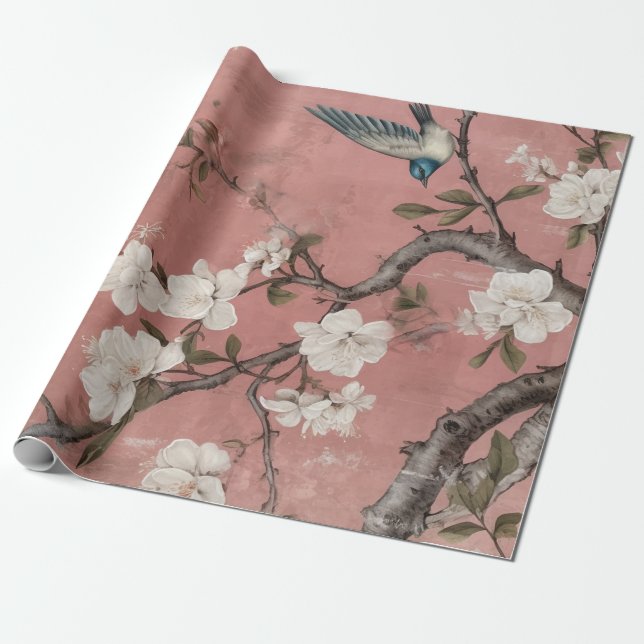 Papier Cadeau Chinoiserie Dusty Arrière - plan rose cerise en fl (Déroulé)