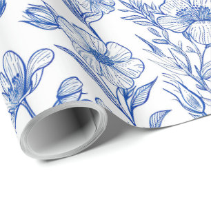 Papier Cadeau Chinoiserie florale bleu et blanc