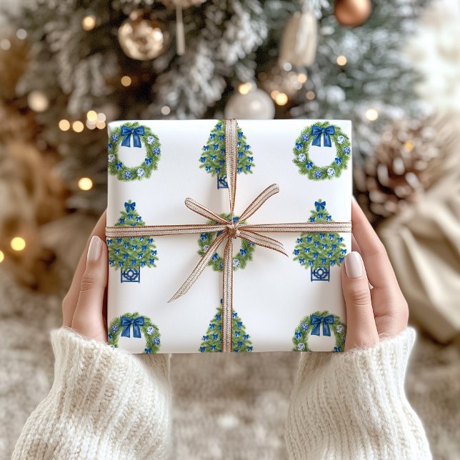 Papier Cadeau Chinoiserie Noël bleu et blanc (Chinoiserie Christmas Tree and Wreath Gift Wrapping Paper)