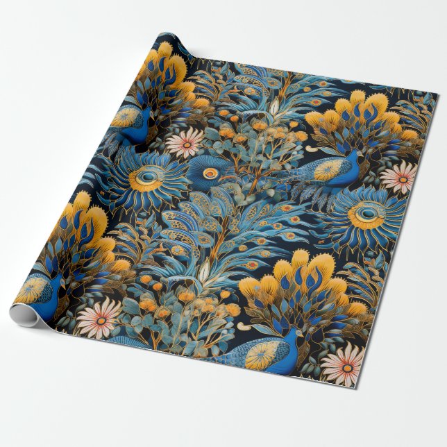 Papier Cadeau Chinoiserie Oiseaux Exotiques Motif Botanique (7) (Déroulé)