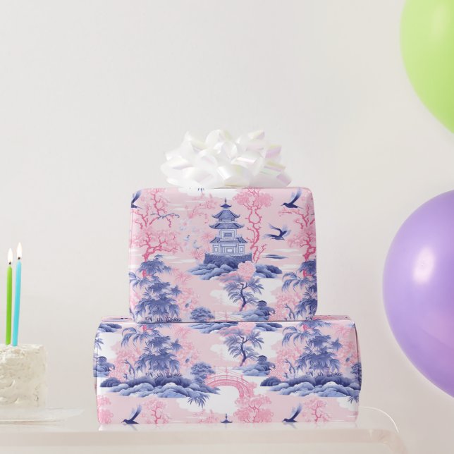 Papier Cadeau Chinoiserie Paysage asiatique bleu rose (Cadeaux de fête)