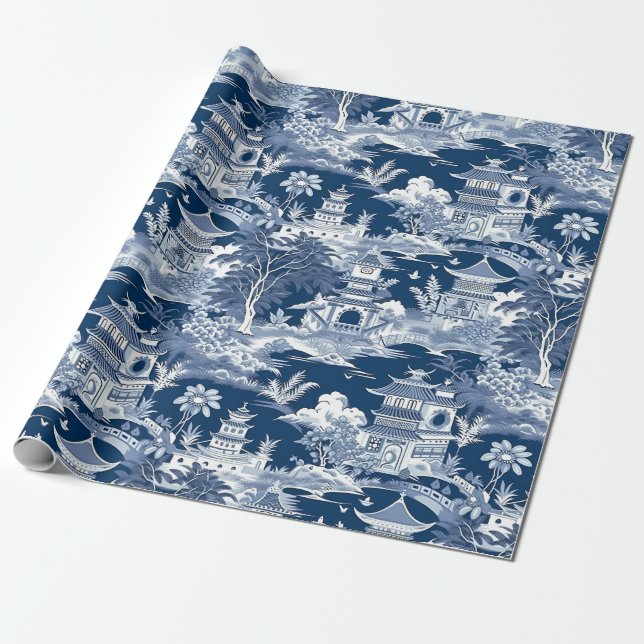 Papier Cadeau Chinoiserie Paysage Peinture Bleu Blanc (Déroulé)