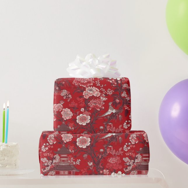 Papier Cadeau Chinoiserie Pink Rouge Floral Peinture (Cadeaux de fête)