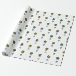 Papier Cadeau Chinoiserie Poterie Orange Topiaire Arbre bleu Cad