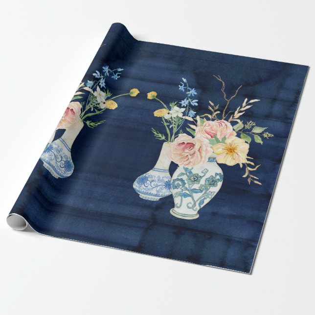 Papier Cadeau Chinoiserie Rose Peony Flowers Marine Blue Wood (Déroulé)