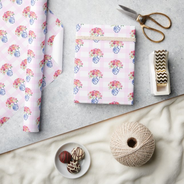 Papier Cadeau Chinoisserie rose En vichy bleu Floral (Artisanat)