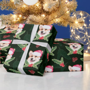 Papier Cadeau Chiot de Noël aquarelle, baie de houx, pin