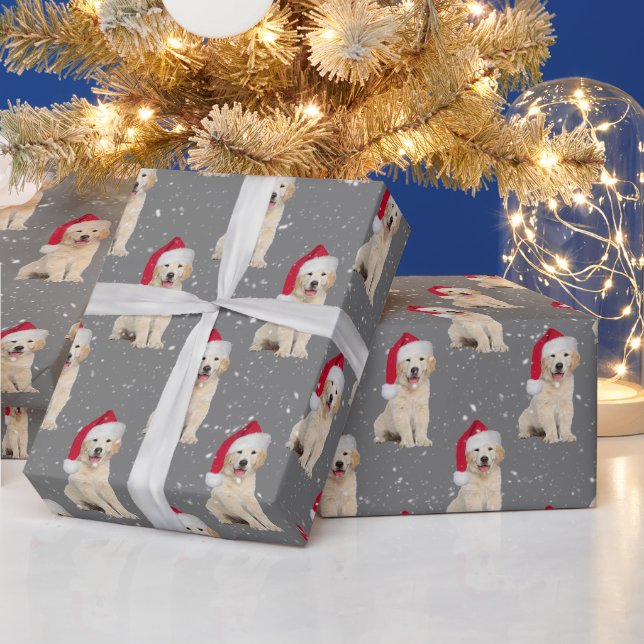 Papier Cadeau Chiot de père Noël Golden Retriever (Vacances)