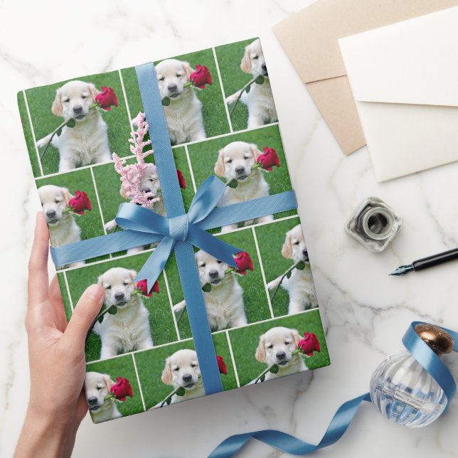 Papier Cadeau Chiot Golden Retriever Avec Rose Rouge (Cadeaux)
