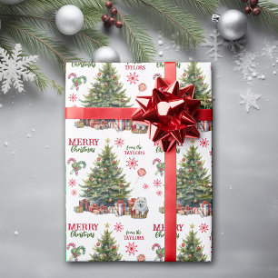 Papier Cadeau Chiot Samoyé blanc sous l'arbre de Noël