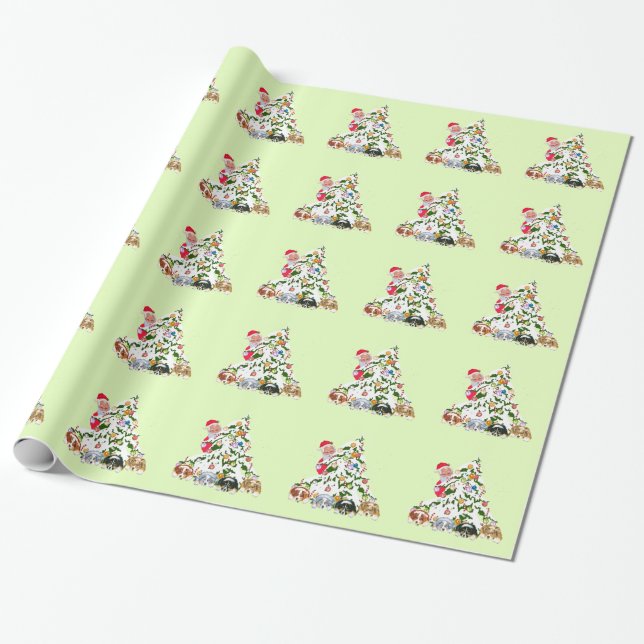 Papier Cadeau Chiots australiens sous l'arbre w/Santa (Déroulé)
