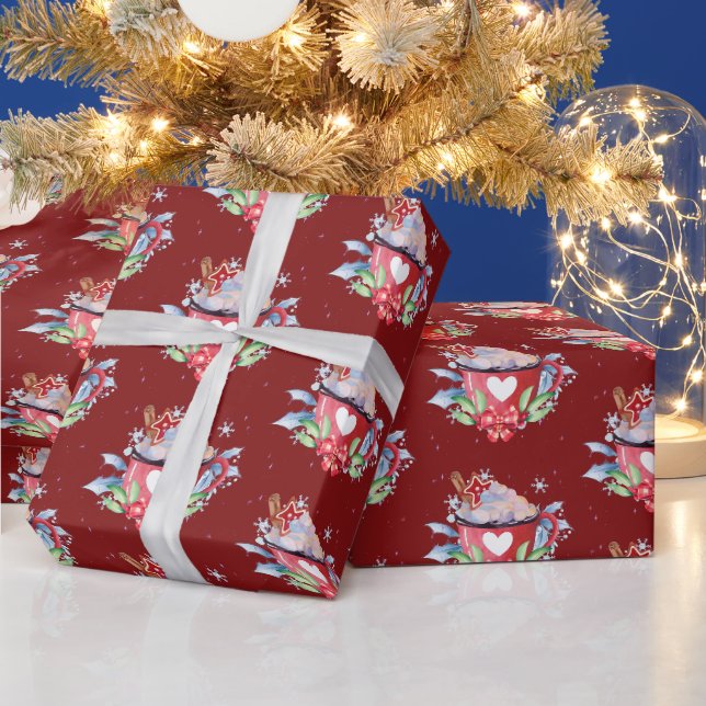 Papier Cadeau Chocolat chaud de Noël en rouge (Vacances)