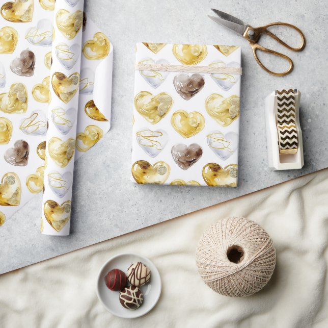Papier Cadeau Chocolat Or Coeurs blancs Anniversaire (Artisanat)