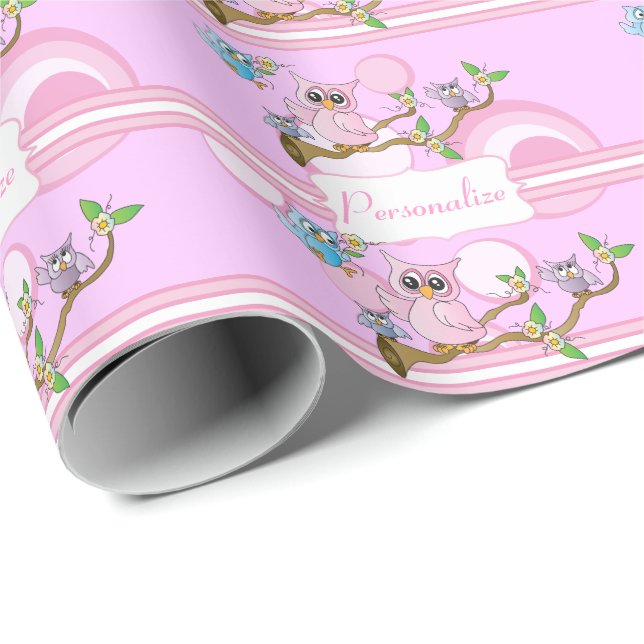 Papier Cadeau Chouette-bébé rose | Thème Douche (Coin rond)