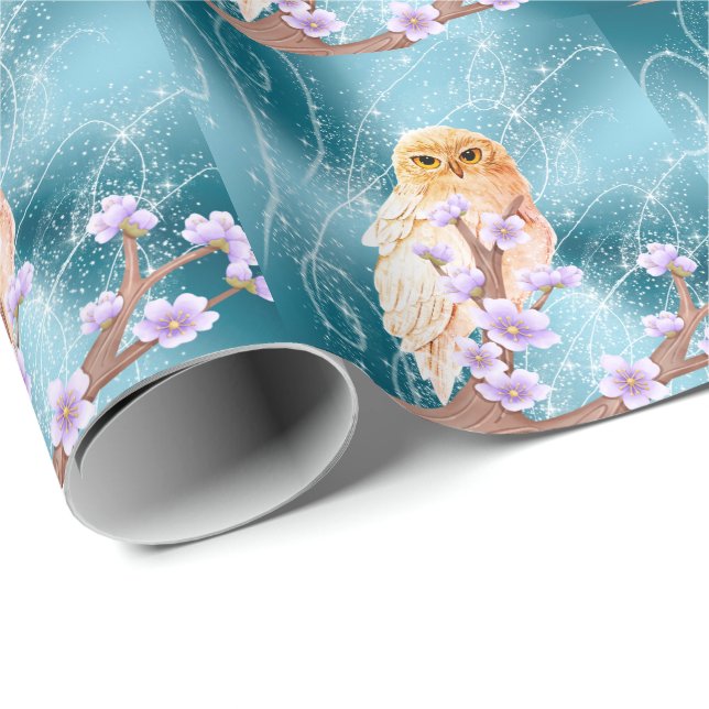 Papier Cadeau Chouette beige sur la branche florale violette Éti (Coin rond)