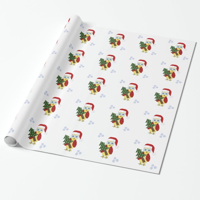 Papier Cadeau Chouette dans un chapeau de Père Noël avec un arbr (Déroulé)