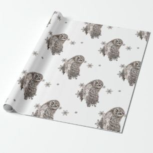 Papier Cadeau Chouette d'aquarelle noire et blanche Snowflakes d