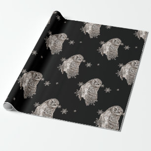 Papier Cadeau Chouette d'aquarelle noire et blanche Snowflakes d