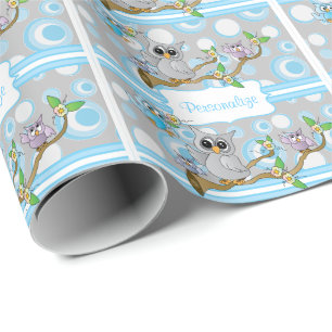 Papier Cadeau Chouette de bébé bleu et gris   Thème Douche