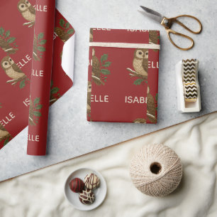 Papier Cadeau Chouette de Noël brodée rustique avec Holly