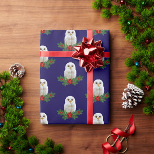 Papier Cadeau Chouette de Noël sous la neige blanche