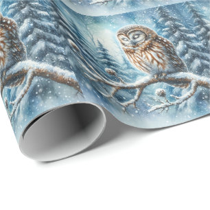 Papier Cadeau Chouette des bois Forêt hivernale sereine Faune