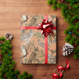 Papier Cadeau Chouette vintage et arbre à pin