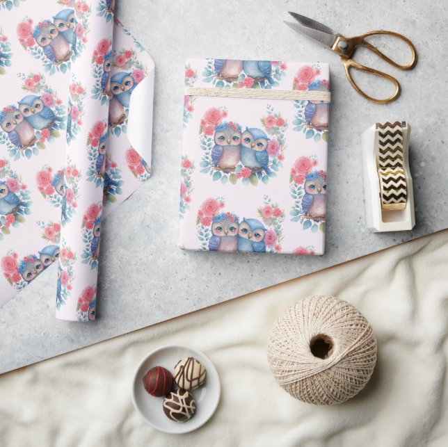 Papier Cadeau Chouettes amoureuses Assis sur une branche d'arbre (Artisanat)