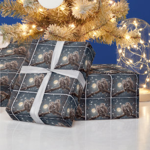 Papier Cadeau Chouettes de Noël dans les flocons de neige