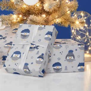 Papier Cadeau Chouettes d'hiver avec laine casquette bleu