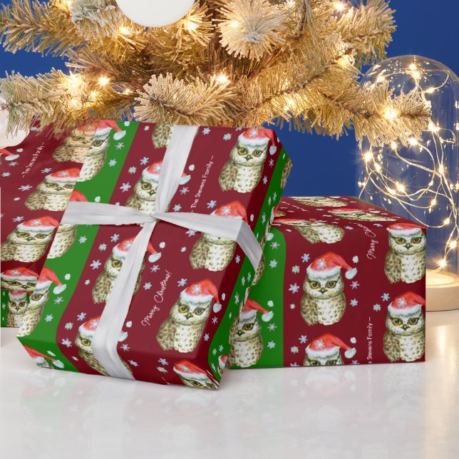 Papier Cadeau Chouettes en Santa Hats Motif de Noël, Rouge & Ver (Vacances)
