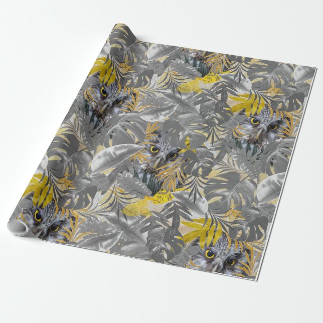 Papier Cadeau Chouettes - feuilles Plantes en gris/jaune 2021 co (Déroulé)