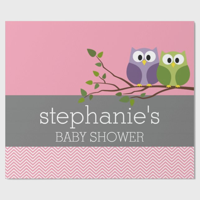 Papier Cadeau Chouettes mignonnes sur Branche Bébé Fille Douche  (Plat)