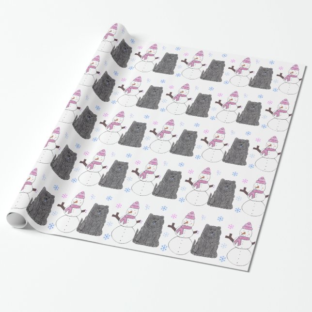Papier Cadeau Chow-chow et bonhomme de neige de bouffe noirs (Déroulé)
