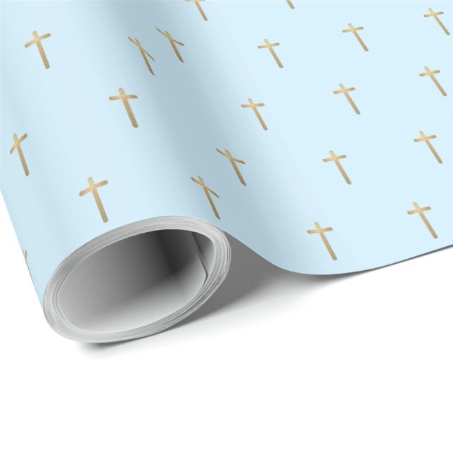 Papier Cadeau Christian Event Faux Gold Cross Motif Bleu (Coin rond)